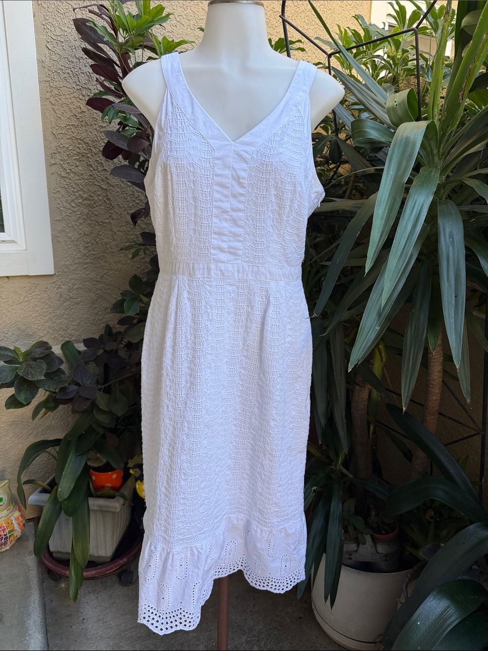 White Sleeveless V-Neck Eyelet Dress